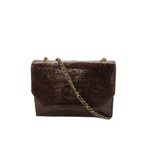 Chanel Womens Crocodile Logo Gold Tone Shoulder Handbag Brown